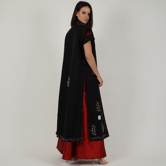 Jacket Dress 2 Pieces Short Sleeve -  Size Large - Burgundy And Black 
