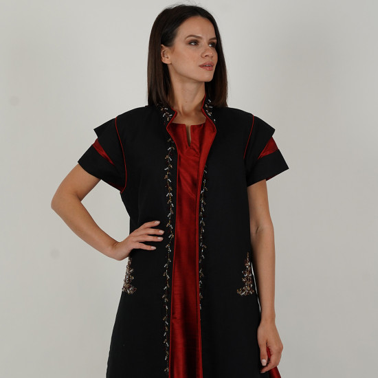 Jacket Dress 2 Pieces Short Sleeve -  Size Large - Burgundy And Black 