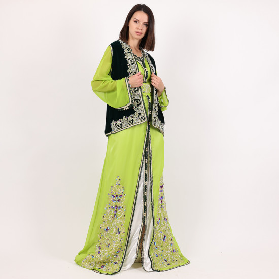Morrocan Caftan 3 pcs Green With White Color With Handmade Belt - Large
