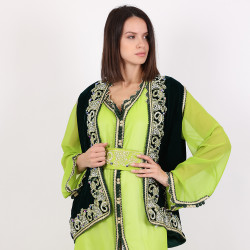 Morrocan Caftan 3 pcs Green With White Color With Handmade Belt - Large