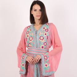 Moroccan Pink And Blue Caftan With Handmade Belt - Medium