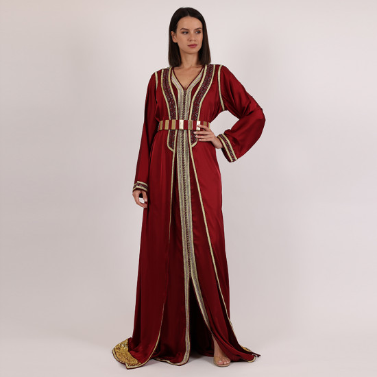 Moroccan Caftan Dark Red 2 pcs With Handmade Belt - Large
