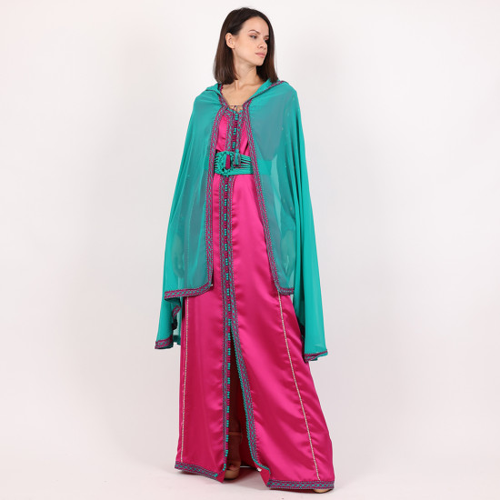 Moroccan Caftan 3 Pcs With Hand Made Belt - Pink And Green - Large