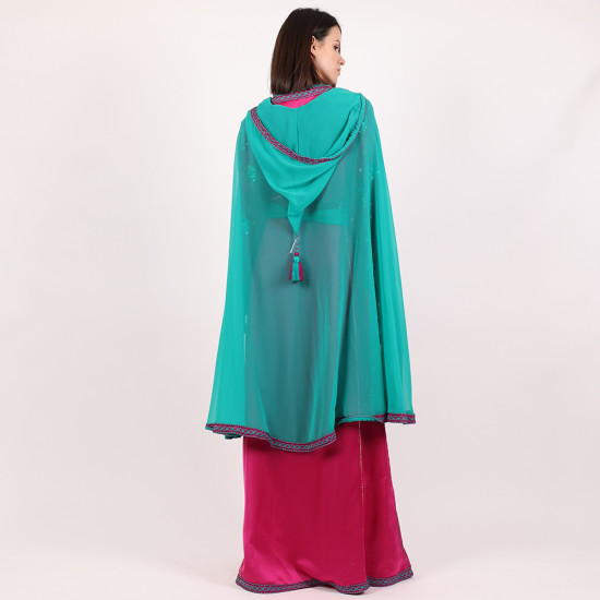 Moroccan Caftan 3 Pcs With Hand Made Belt - Pink And Green - Large