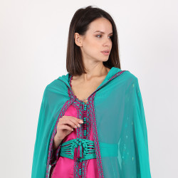 Moroccan Caftan 3 Pcs With Hand Made Belt - Pink And Green - Large
