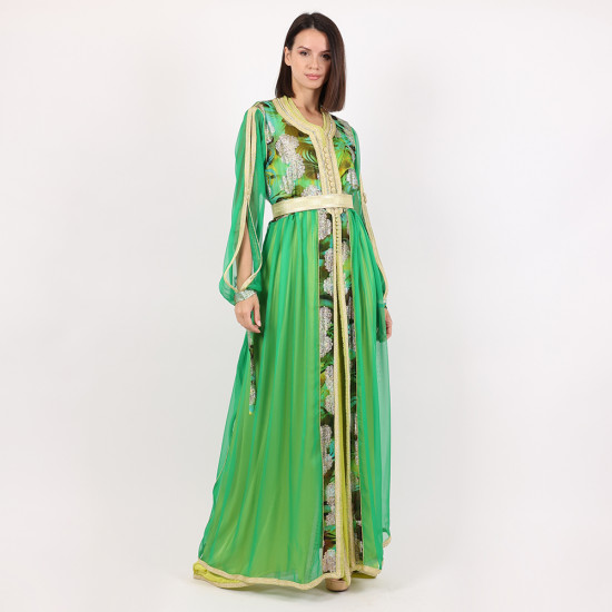 Moroccan Green Caftan With Golden Belt - Medium