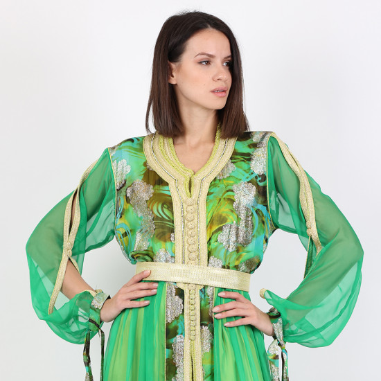 Moroccan Green Caftan With Golden Belt - Medium