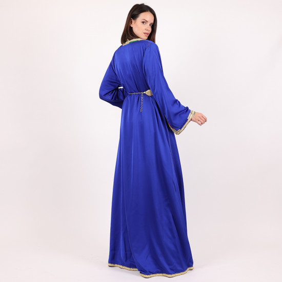 Moroccan Caftan Takchita 2 Pcs With Handmade Embroidery Gold Plated Belt - Blue - XL