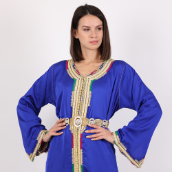 Moroccan Caftan Takchita 2 Pcs With Handmade Embroidery Gold Plated Belt - Blue - XL