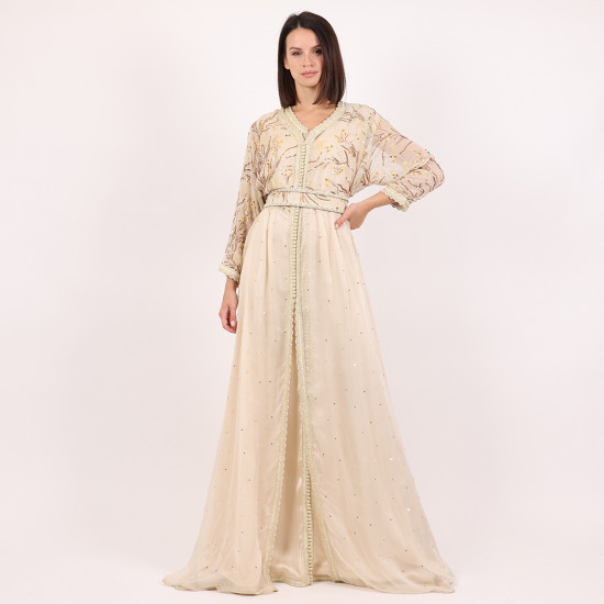 Moroccan Modern White Caftan 2Pcs With Handmade Belt - Medium