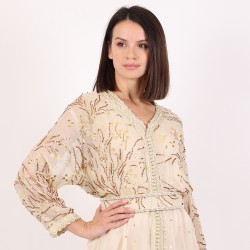 Moroccan Modern White Caftan 2Pcs With Handmade Belt - Medium