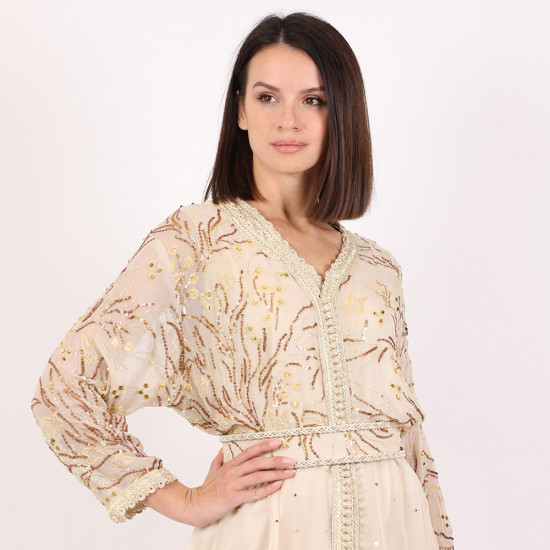 Moroccan Modern White Caftan 2Pcs With Handmade Belt - Medium