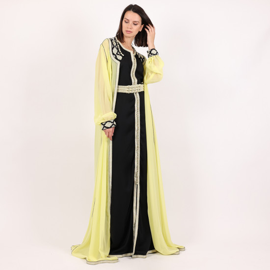 Moroccan Caftan Black With Yellow 2Pcs With Belt - Large