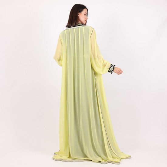 Moroccan Caftan Black With Yellow 2Pcs With Belt - Large