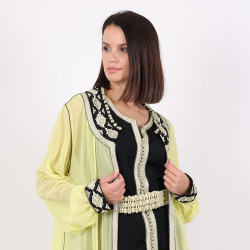 Moroccan Caftan Black With Yellow 2Pcs With Belt - Large