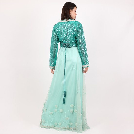 Moroccan Modern Caftan 2Pcs Green With Light Blue - XL