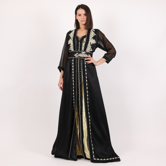 Moroccan Caftan With Handmade Belt - Black - Medium
