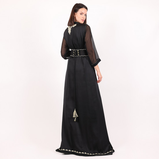 Moroccan Caftan With Handmade Belt - Black - Medium