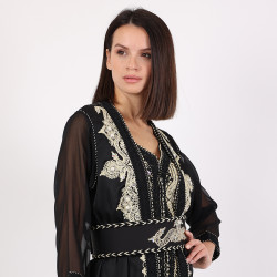 Moroccan Caftan With Handmade Belt - Black - Medium