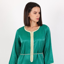 Moroccan Green Daraa Cotton Silk Fabric With Belt  - M