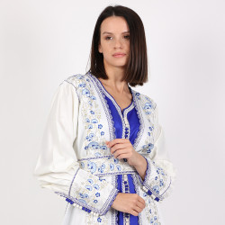 Moroccan White & Blue Caftan Silk Fabric 2 Pcs Handmade Beads Embroidery With Belt  - L