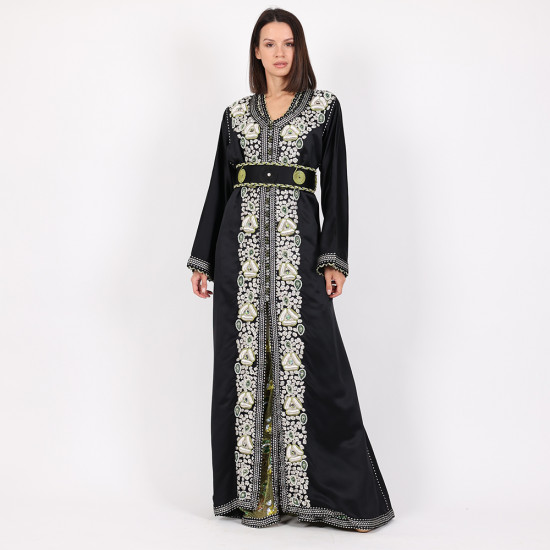 Moroccan Modern Black Caftan 2 Pcs Handmade Beads Embroidery With Belt - XL