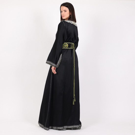 Moroccan Modern Black Caftan 2 Pcs Handmade Beads Embroidery With Belt - XL
