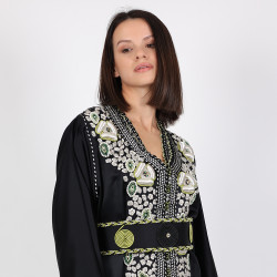Moroccan Modern Black Caftan 2 Pcs Handmade Beads Embroidery With Belt - XL