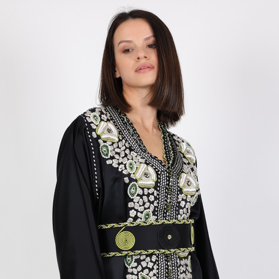Moroccan Modern Black Caftan 2 Pcs Handmade Beads Embroidery With Belt - XL