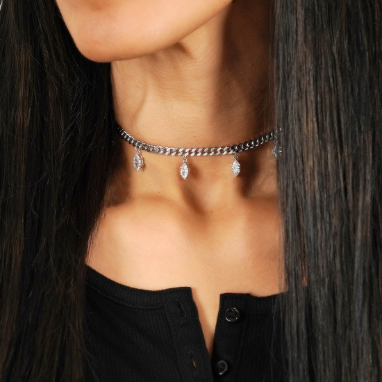 Silver Plated With White Marquise Shape Spots Necklace Silver Plated With White Marquise Shape Spots Necklace