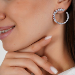 Classy Loop Earrings With Crystal Zircon Stones - Silver Tone
