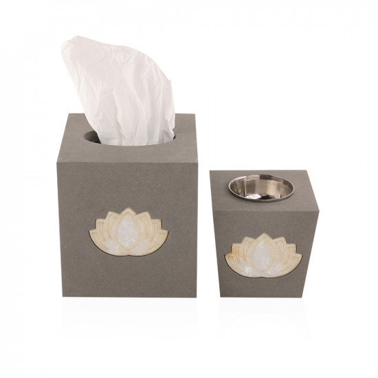 Set Of 2pc Korian Wood Mubkhar + Tissue Holder Box - Grey
