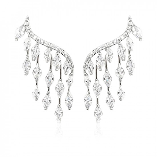 Sparkling Wing Earrings With Crystal Zircon Stones - Silver Tone