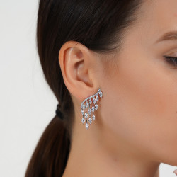 Sparkling Wing Earrings With Crystal Zircon Stones - Silver Tone