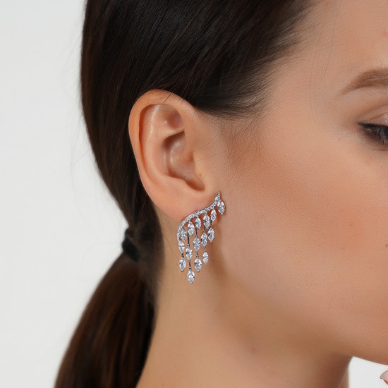 Sparkling Wing Earrings With Crystal Zircon Stones - Silver Tone