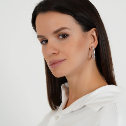 Slanting Stones Hoop Earrings With Zircon Stones - Silver Tone