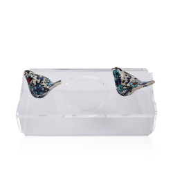 Clear Tissue Box With Ceramic Art Bird Figurine