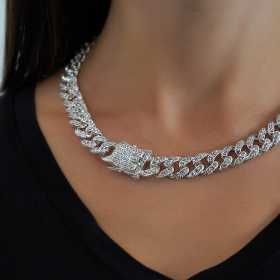 Iced Out Rose Gold Cubic Zirconia Chain Choker Necklace - Silver