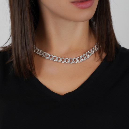 Iced Out Rose Gold Cubic Zirconia Chain Choker Necklace - Silver