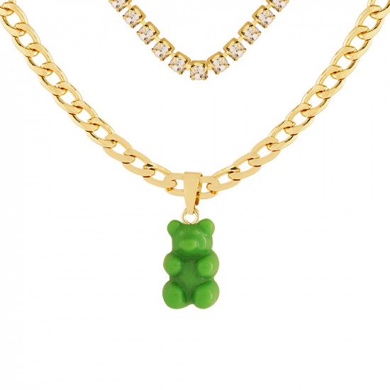 Teddy Bear Long Gold Chain With Stone - Green