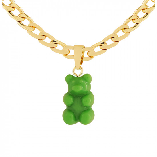 Teddy Bear Long Gold Chain With Stone - Green