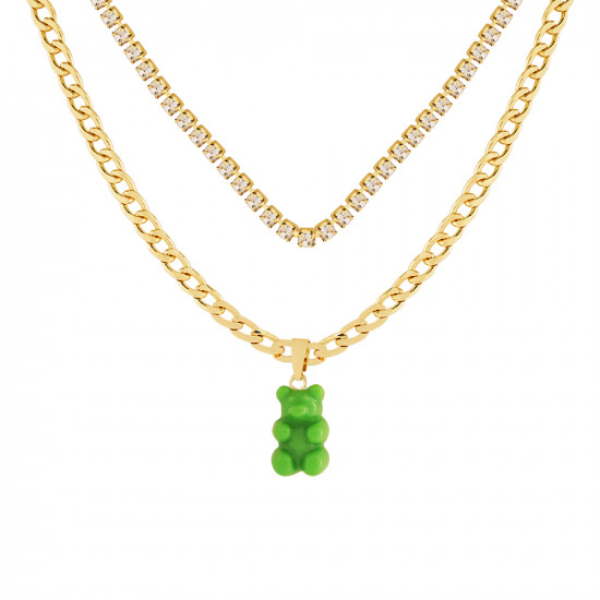 Teddy Bear Long Gold Chain With Stone - Green
