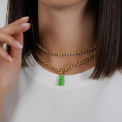 Teddy Bear Long Gold Chain With Stone - Green