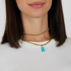 Teddy Bear Long Gold Chain With Stone - Transparent Blue