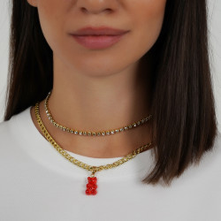 Teddy Bear Long Gold Chain With Stone - Transparent Red