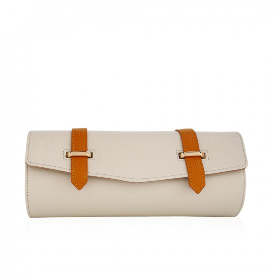 Travel Leather Storage Bag for 3 Watches with Strap - White/Camel