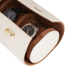 Travel Leather Storage Bag for 3 Watches with Strap - White/Camel