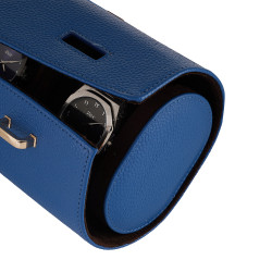 Travel Leather Storage Bag for 3 Watches with Strap - Blue/Camel