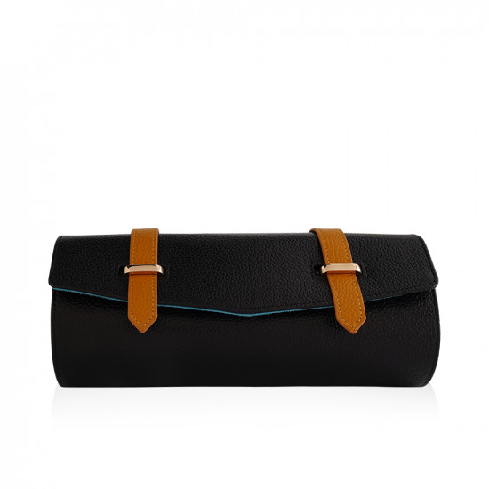 Travel Leather Storage Bag for 3 Watches with Strap - Black/Beige