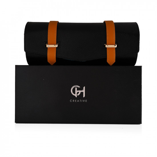 Travel Leather Storage Bag for 3 Watches with Strap - Black/Beige